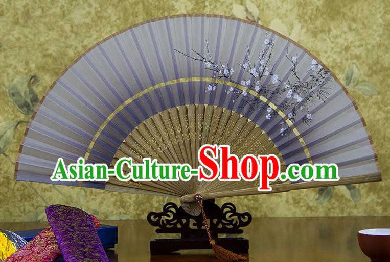 Traditional Chinese Handmade Crafts Two-segment Folding Fan, China Printing Plum Blossom Sensu Light Purple Silk Fan Hanfu Fans for Women