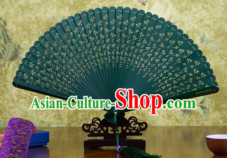 Traditional Chinese Handmade Crafts Bamboo Carving Folding Fan, China Classical Printing Dragonfly Sensu Hollow Out Wood Green Fan Hanfu Fans for Women