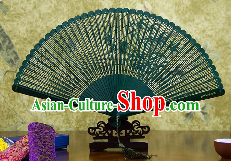 Traditional Chinese Handmade Crafts Bamboo Carving Folding Fan, China Classical Printing Bamboo Sensu Hollow Out Wood Green Fan Hanfu Fans for Women