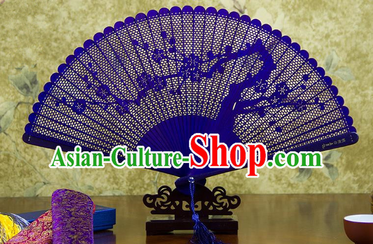 Traditional Chinese Handmade Crafts Bamboo Carving Folding Fan, China Classical Plum Blossom Sensu Hollow Out Wood Purple Fan Hanfu Fans for Women