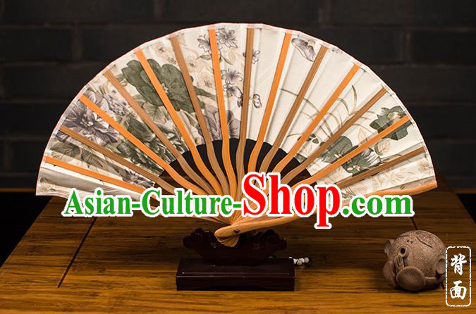 Traditional Chinese Handmade Crafts Folding Fan, China Printing Summer Lotus Sensu Silk Fan Hanfu Fans for Women