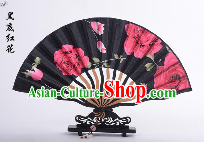 Traditional Chinese Handmade Crafts Folding Fan, China Printing Red Rose Sensu Black Silk Fan Hanfu Fans for Women