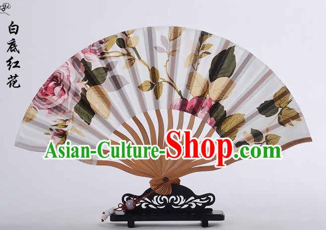 Traditional Chinese Handmade Crafts Folding Fan, China Printing Red Rose Sensu White Silk Fan Hanfu Fans for Women