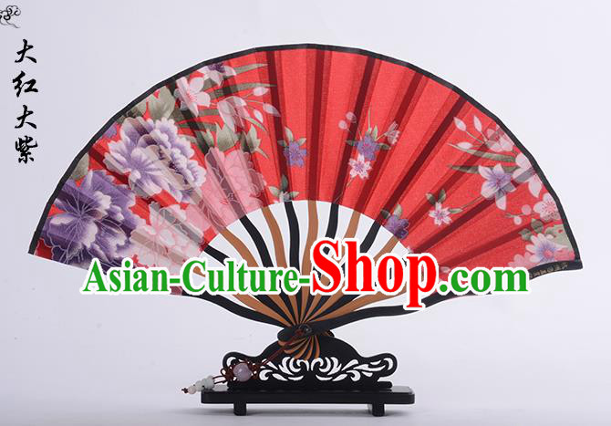 Traditional Chinese Handmade Crafts Folding Fan, China Printing Flower Sensu Red Silk Fan Hanfu Fans for Women