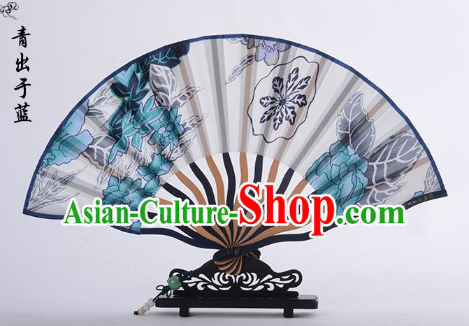 Traditional Chinese Handmade Crafts Folding Fan, China Printing Blue Flower Sensu Silk Fan Hanfu Fans for Women