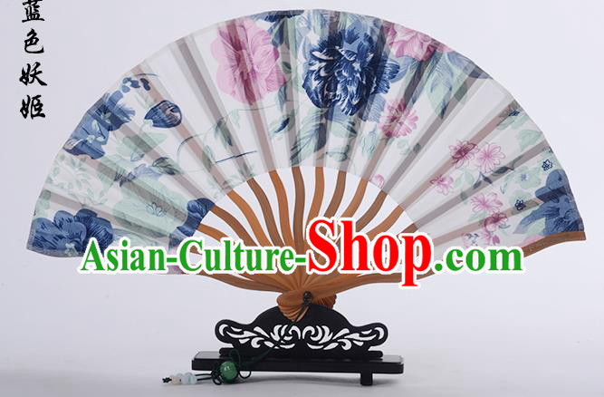 Traditional Chinese Handmade Crafts Folding Fan, China Printing Blue Flower Sensu White Silk Fan Hanfu Fans for Women