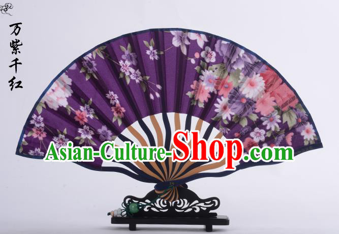 Traditional Chinese Handmade Crafts Folding Fan, China Printing Flowers Sensu Purple Silk Fan Hanfu Fans for Women