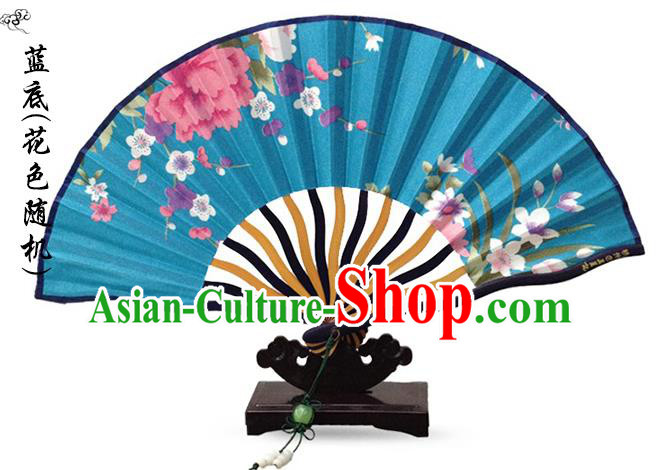Traditional Chinese Handmade Crafts Folding Fan, China Printing Flowers Sensu Blue Silk Fan Hanfu Fans for Women