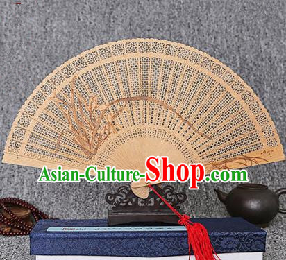 Traditional Chinese Handmade Crafts Sandalwood Folding Fan, China Classical Orchid Sensu Hollow Out Wood Fan Hanfu Fans for Women