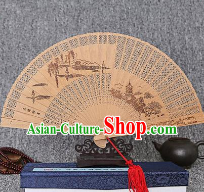 Traditional Chinese Handmade Crafts Sandalwood Folding Fan, China Classical Three Pools Mirroring the Moon Sensu Hollow Out Wood Fan Hanfu Fans for Women