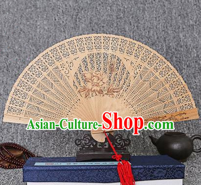 Traditional Chinese Handmade Crafts Sandalwood Folding Fan, China Classical Butterfly Flower Sensu Hollow Out Wood Fan Hanfu Fans for Women
