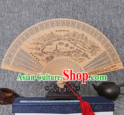 Traditional Chinese Handmade Crafts Sandalwood Folding Fan, China Classical West Lake Scenery Sensu Hollow Out Wood Fan Hanfu Fans for Women