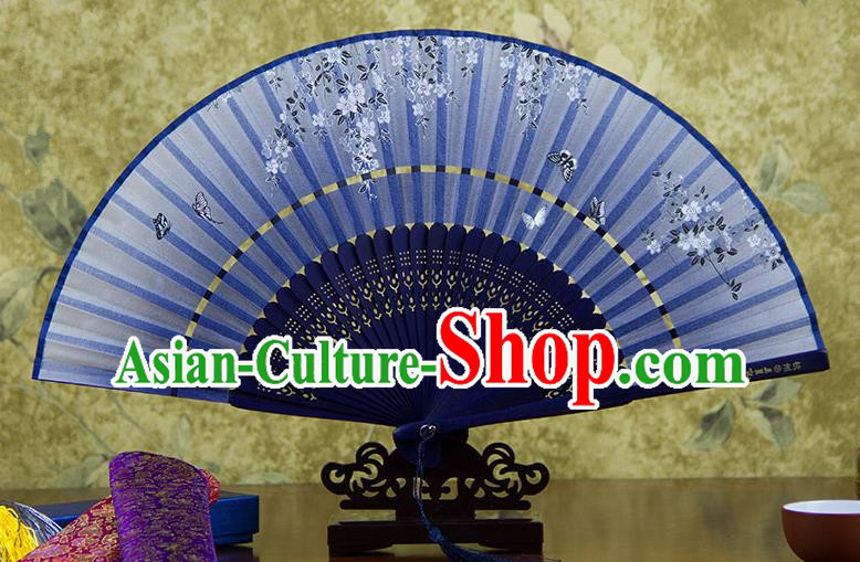 Traditional Chinese Handmade Crafts Two-segment Folding Fan, China Printing Butterfly Sensu Blue Silk Fan Hanfu Fans for Women