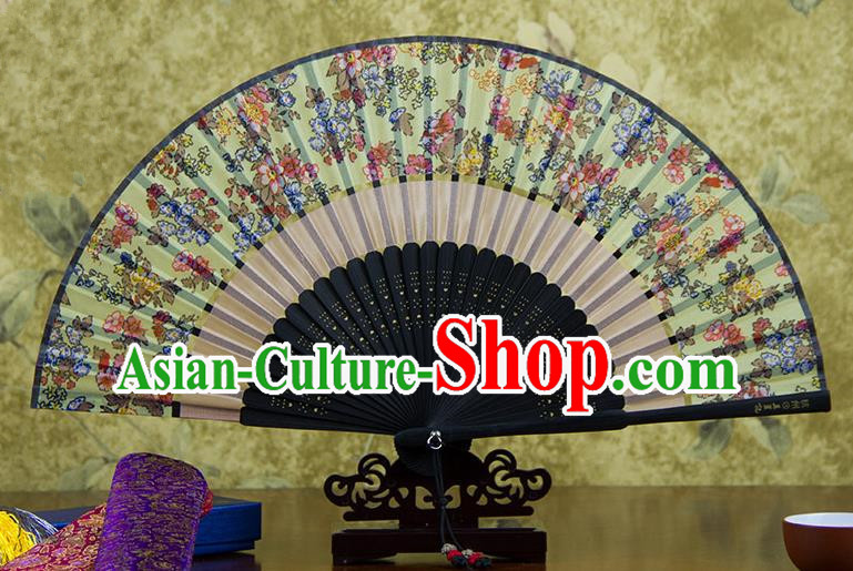 Traditional Chinese Handmade Crafts Two-segment Folding Fan, China Printing Flowers Sensu Green Silk Fan Hanfu Fans for Women