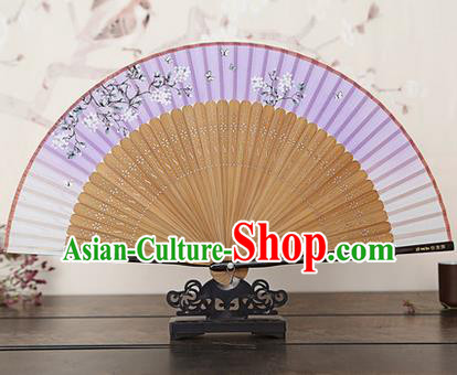 Traditional Chinese Handmade Crafts Bamboo Rib Folding Fan, China Classical Printing Peach Flowers Sensu Gradient Purple Silk Fan Hanfu Fans for Women