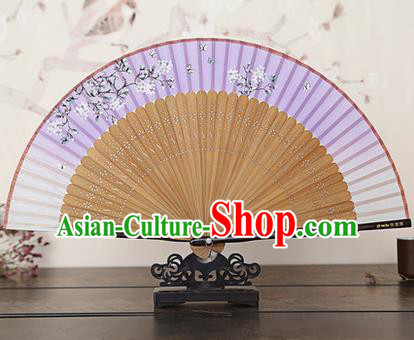 Traditional Chinese Handmade Crafts Bamboo Rib Folding Fan, China Classical Printing Peach Flowers Sensu Gradient Purple Silk Fan Hanfu Fans for Women