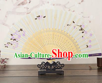 Traditional Chinese Handmade Crafts Bamboo Rib Folding Fan, China Classical Printing Peach Flowers Sensu Beige Silk Fan Hanfu Fans for Women