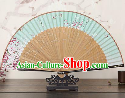 Traditional Chinese Handmade Crafts Bamboo Rib Folding Fan, China Classical Printing Peach Flowers Sensu Gradient Green Silk Fan Hanfu Fans for Women