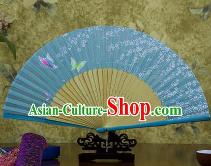 Traditional Chinese Handmade Crafts Bamboo Rib Folding Fan, China Classical Printing Butterfly Sensu Blue Silk Fan Hanfu Fans for Women