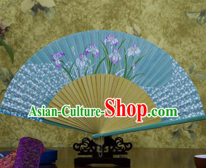 Traditional Chinese Handmade Crafts Bamboo Rib Folding Fan, China Classical Printing Orchid Sensu Blue Silk Fan Hanfu Fans for Women