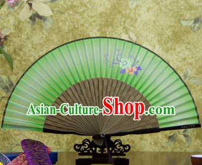 Traditional Chinese Handmade Crafts Bamboo Rib Folding Fan, China Classical Printing Flowers Sensu Green Silk Fan Hanfu Fans for Women