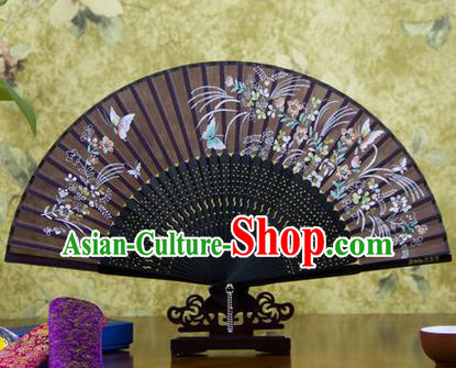 Traditional Chinese Handmade Crafts Bamboo Rib Folding Fan, China Classical Printing Butterfly Flowers Sensu Deep Purple Silk Fan Hanfu Fans for Women