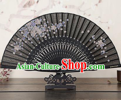 Traditional Chinese Handmade Crafts Bamboo Rib Folding Fan, China Classical Printing Pear Flowers Sensu Black Silk Fan Hanfu Fans for Women