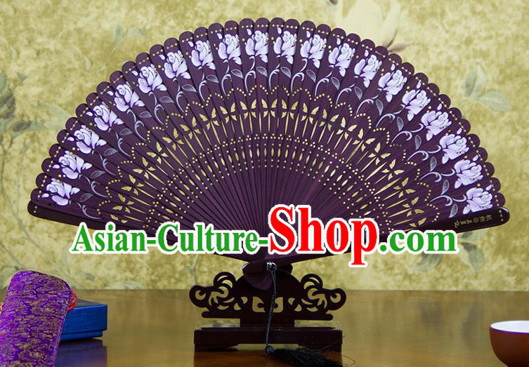 Traditional Chinese Handmade Crafts Bamboo Carving Folding Fan, China Classical Printing Rosa Chinensis Sensu Hollow Out Wood Purple Fan Hanfu Fans for Women