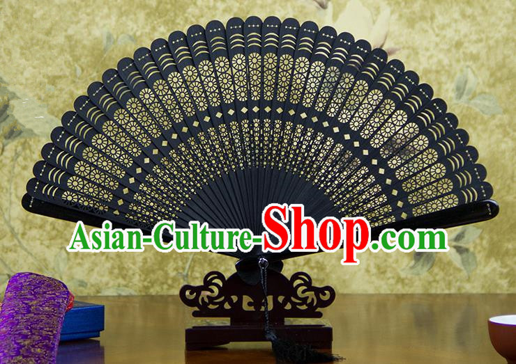 Traditional Chinese Handmade Crafts Bamboo Carving Folding Fan, China Classical Printing Rosa Chinensis Sensu Hollow Out Wood Black Fan Hanfu Fans for Women