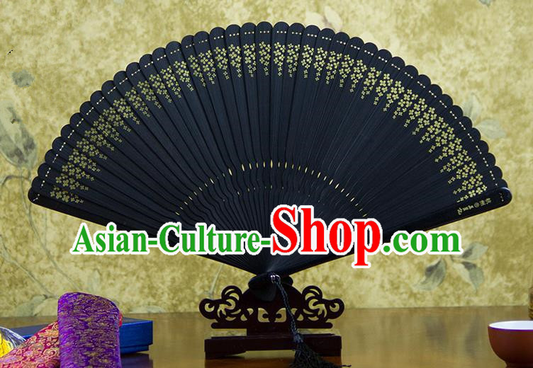 Traditional Chinese Handmade Crafts Bamboo Carving Folding Fan, China Classical Printing Osmanthus Fragrans Sensu Hollow Out Wood Black Fan Hanfu Fans for Women