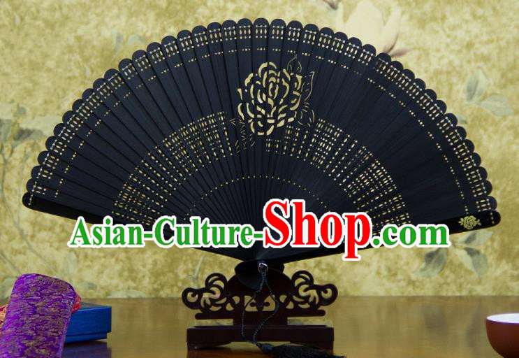 Traditional Chinese Handmade Crafts Bamboo Carving Folding Fan, China Classical Printing Rose Sensu Hollow Out Wood Black Fan Hanfu Fans for Women