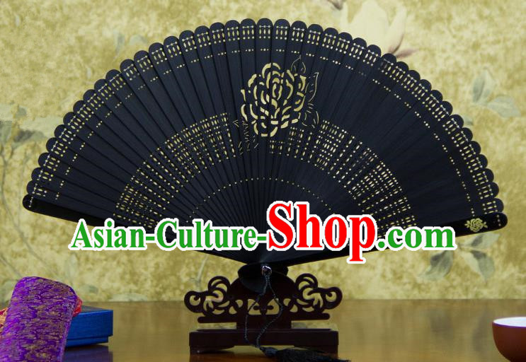 Traditional Chinese Handmade Crafts Bamboo Carving Folding Fan, China Classical Printing Rose Sensu Hollow Out Wood Black Fan Hanfu Fans for Women