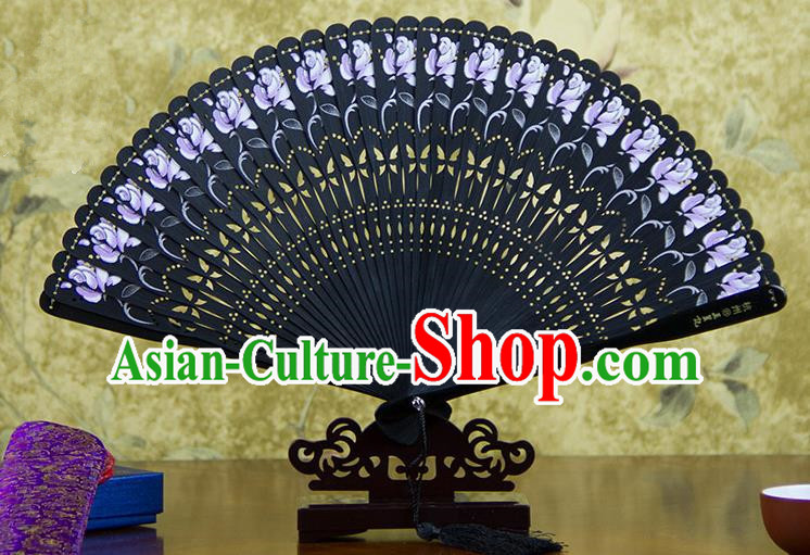 Traditional Chinese Handmade Crafts Bamboo Carving Folding Fan, China Classical Printing Flowers Sensu Hollow Out Wood Black Fan Hanfu Fans for Women