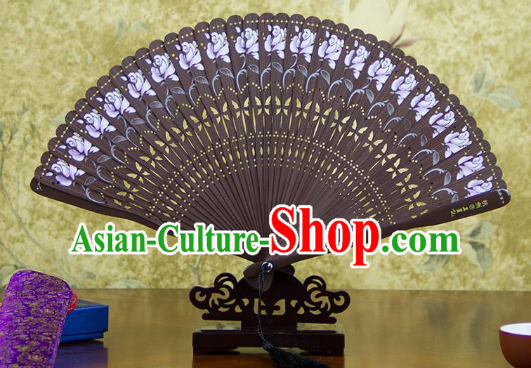 Traditional Chinese Handmade Crafts Bamboo Carving Folding Fan, China Classical Printing Flowers Sensu Hollow Out Wood Coffee Fan Hanfu Fans for Women