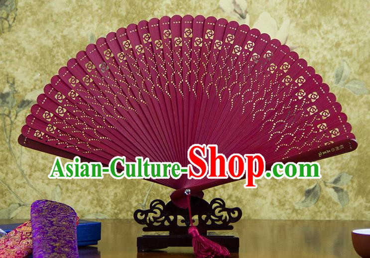 Traditional Chinese Handmade Crafts Bamboo Carving Folding Fan, China Classical Printing Flowers Sensu Hollow Out Wood Red Fan Hanfu Fans for Women