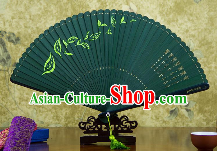 Traditional Chinese Handmade Crafts Bamboo Carving Folding Fan, China Classical Printing Tea Sensu Hollow Out Wood Green Fan Hanfu Fans for Women