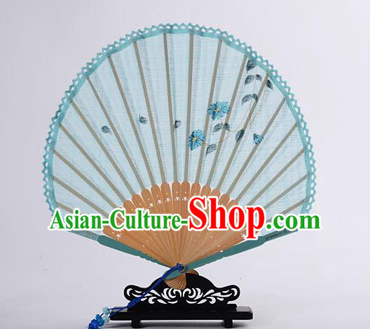 Traditional Chinese Handmade Crafts Hand Painting Flower Folding Fan, China Classical Linen Sensu Sunflower-type Light Blue Fan Hanfu Fans for Women