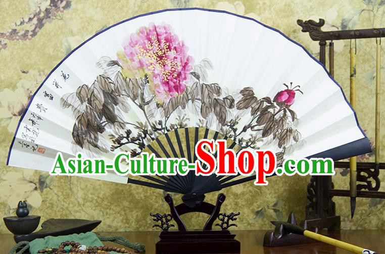 Traditional Chinese Handmade Crafts Ebonize Folding Fan, China Classical Art Paper Sensu Ink Painting Peony Xuan Paper Purple Fan Hanfu Fans for Men