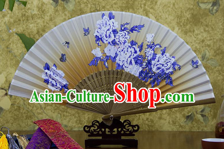 Traditional Chinese Handmade Crafts Hand Painting Butterfly Flowers Folding Fan, China Classical Orange Sensu Silk Fan Hanfu Fans for Women