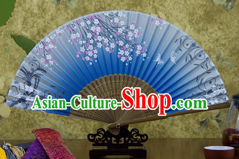 Traditional Chinese Handmade Crafts Hand Painting Butterfly Flowers Folding Fan, China Classical Blue Sensu Silk Fan Hanfu Fans for Women