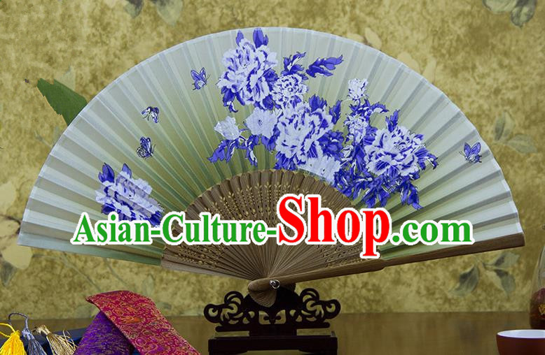 Traditional Chinese Handmade Crafts Hand Painting Butterfly Flowers Folding Fan, China Classical Green Sensu Silk Fan Hanfu Fans for Women