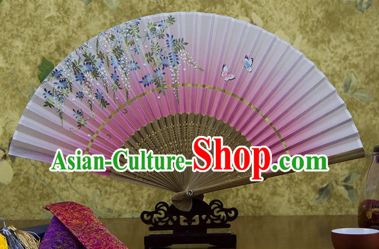 Traditional Chinese Handmade Crafts Hand Painting Butterfly Flowers Folding Fan, China Classical Pink Sensu Silk Fan Hanfu Fans for Women
