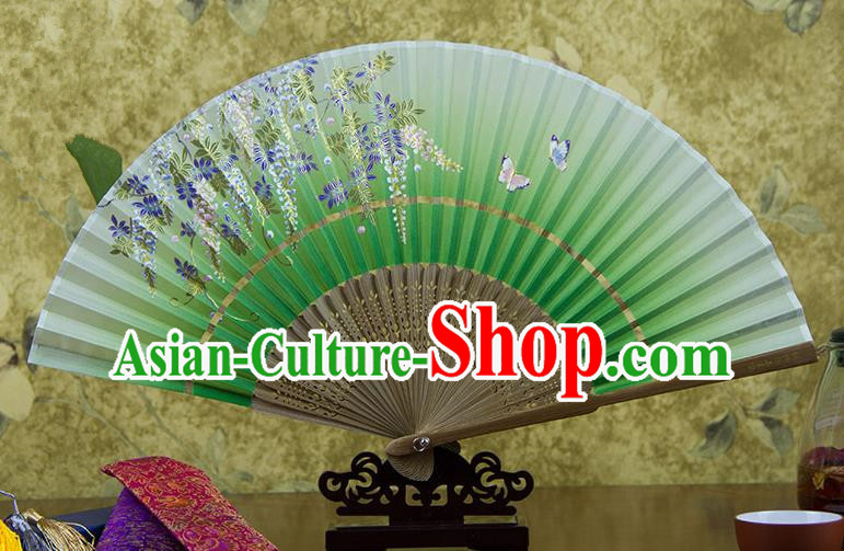 Traditional Chinese Handmade Crafts Hand Painting Butterfly Wisteria Flowers Folding Fan, China Classical Green Sensu Silk Fan Hanfu Fans for Women