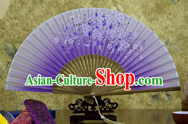 Traditional Chinese Handmade Crafts Hand Painting Flowers Folding Fan, China Classical Oriental Cherry Sensu Purple Silk Fan Hanfu Fans for Women