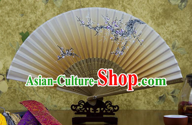 Traditional Chinese Handmade Crafts Hand Painting Flowers Folding Fan, China Classical Oriental Cherry Sensu Yellow Silk Fan Hanfu Fans for Women