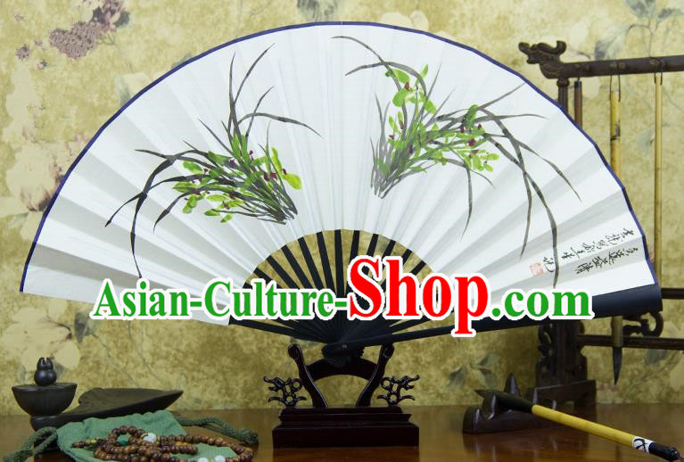 Traditional Chinese Handmade Crafts Ebonize Folding Fan, China Classical Art Paper Sensu Ink Painting Orchid Xuan Paper Purple Fan Hanfu Fans for Men