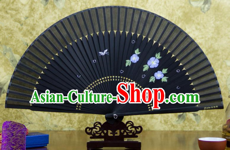 Traditional Chinese Handmade Crafts Hand Painting Flowers Folding Fan, China Classical Black Sensu Silk Fan Hanfu Fans for Women