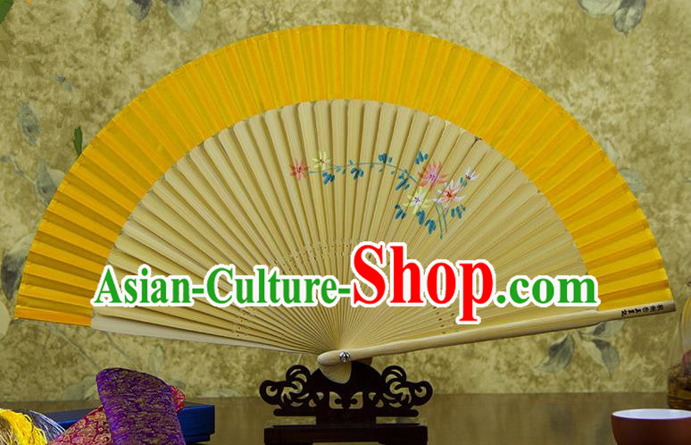 Traditional Chinese Handmade Crafts Hand Painting Flowers Folding Fan, China Classical Yellow Sensu Silk Fan Hanfu Fans for Women