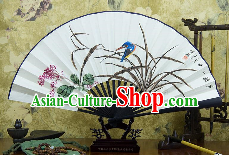 Traditional Chinese Handmade Crafts Ebonize Folding Fan, China Classical Art Paper Sensu Ink Painting Bird Orchid Xuan Paper Purple Fan Hanfu Fans for Men