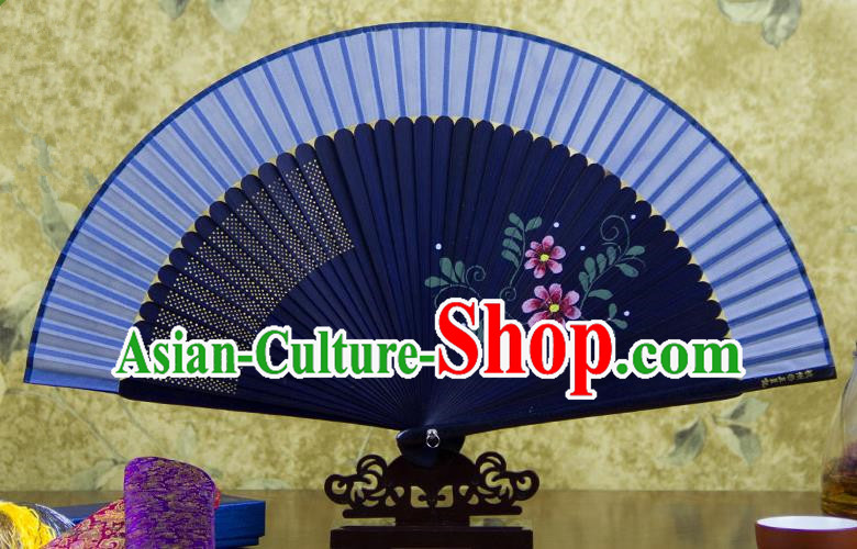 Traditional Chinese Handmade Crafts Hand Painting Flowers Folding Fan, China Classical Blue Sensu Silk Fan Hanfu Fans for Women